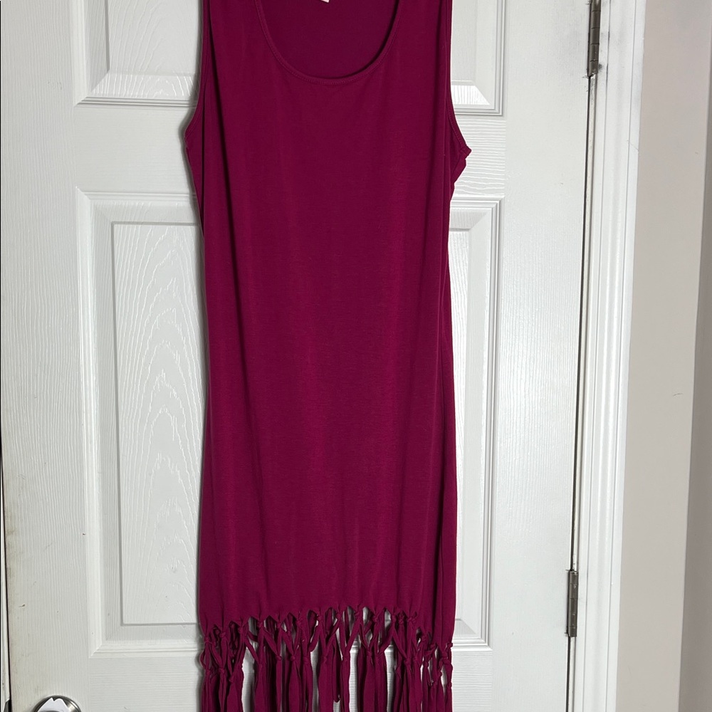 Pink Fringe Hem Sleeveless Tank Dress Boho Festival Resort Cover Up Large